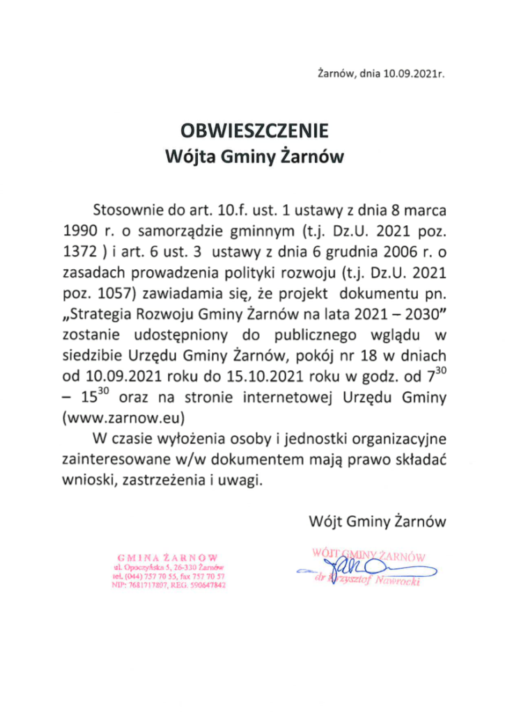 Obwieszczenie Wójta Gmina Żarnów ws. Strategii Rozwoju Gminy Żarnów na lata 2021 - 2030
