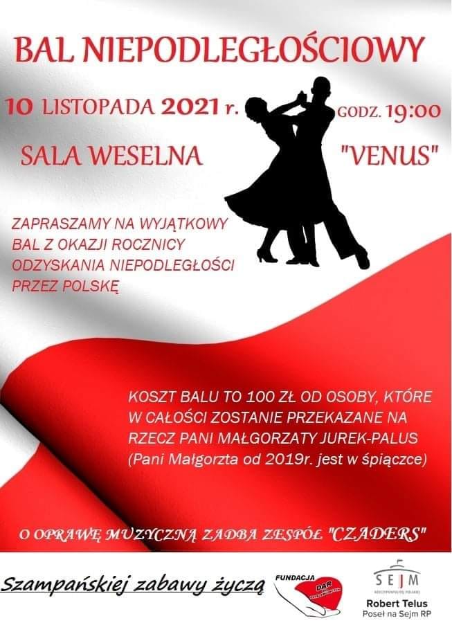 Plakat "Charytatywny Bal Niepodległościowy na rzecz Pani Małgorzaty Jurek-Palus"